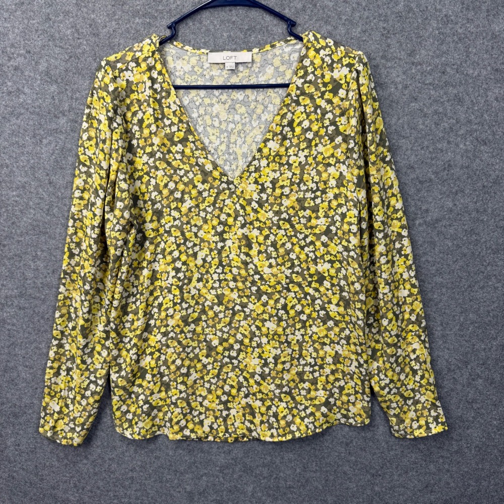 LOFT Womens Medium Yellow Floral Ditsy V-Neck Long Sleeve Blouse Top Olive Green